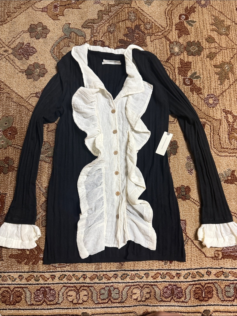 NWT Anthropologie Black and Cream Knit Cardigan with Ruffle Details m